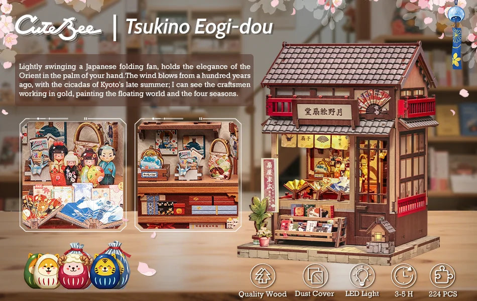 A detailed wooden dollhouse featuring a traditional Japanese style building with an open shop and intricate details.