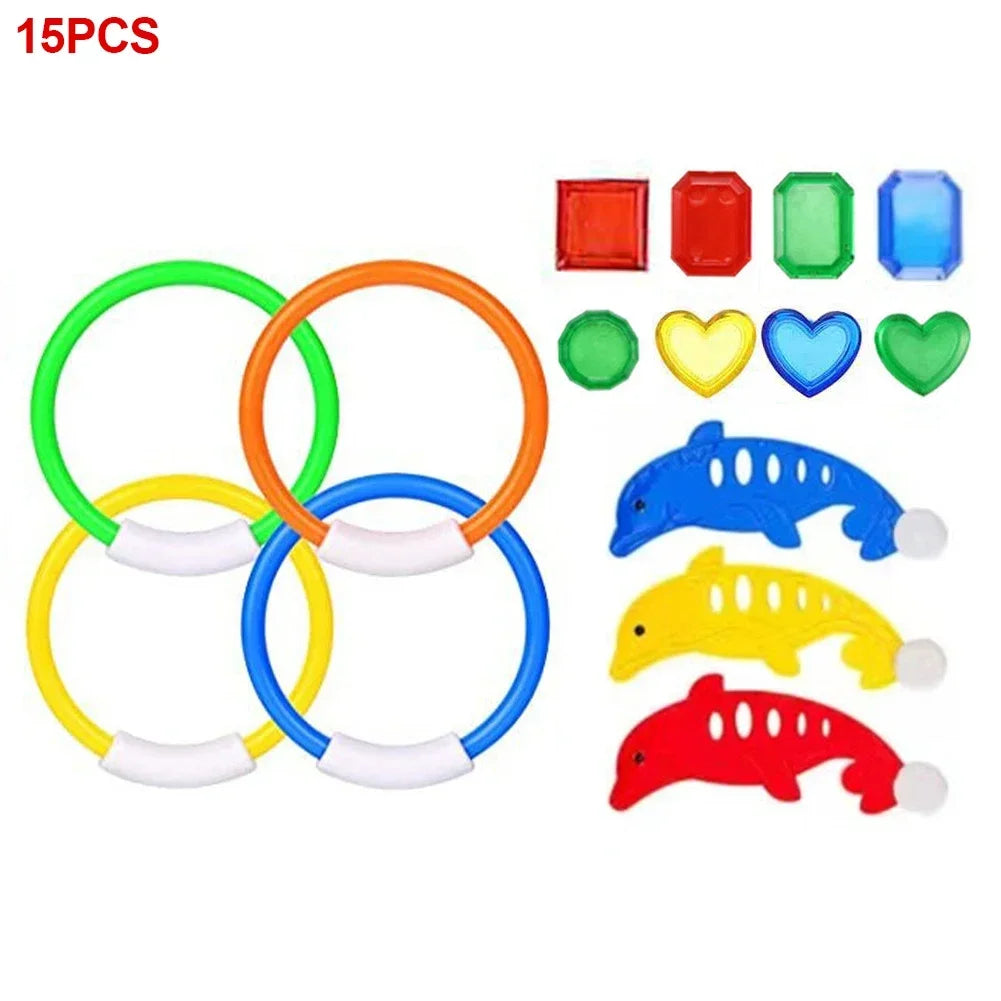 A set of 15 colorful diving toys including rings, gems, and fish shapes for swimming pool games