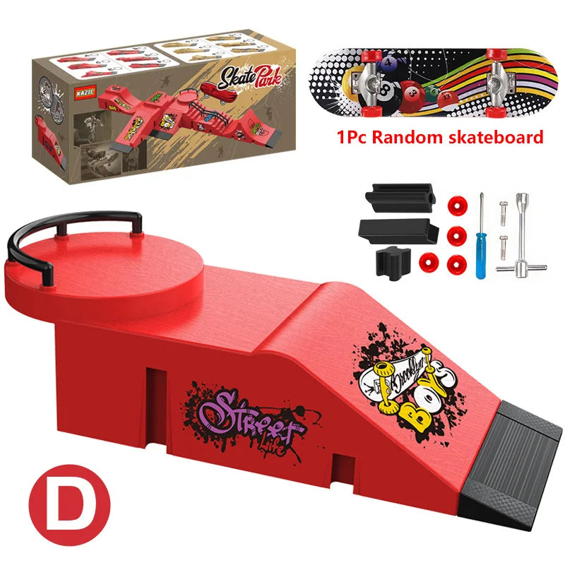 A red finger skateboard park set featuring ramps, rails, and accessories.