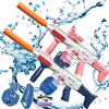 A toy gun with orange and pink accents is shown spraying water against a blue background.