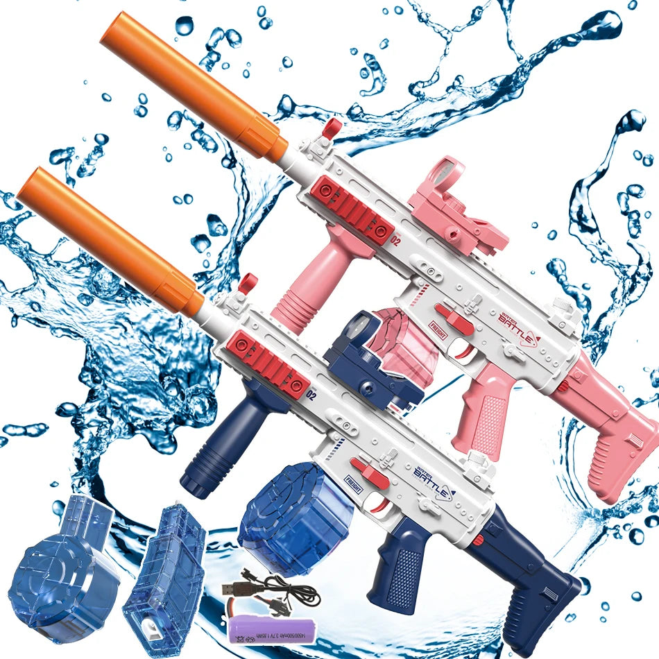 A toy gun with orange and pink accents is shown spraying water against a blue background.