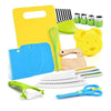 A yellow and green kids cooking set featuring plastic knives, spatulas, and other safe kitchen tools.