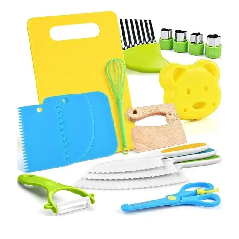 A yellow and green kids cooking set featuring plastic knives, spatulas, and other safe kitchen tools.