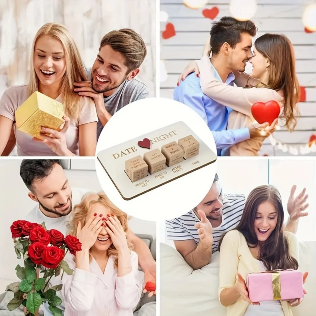 A collection of images showing a wooden couples game for romantic evenings used by a couple.