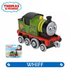 A green Thomas & Friends diecast train character toy with black and yellow details.