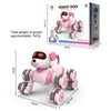 A pink robot dog toy with eight wheels is shown next to its packaging box.