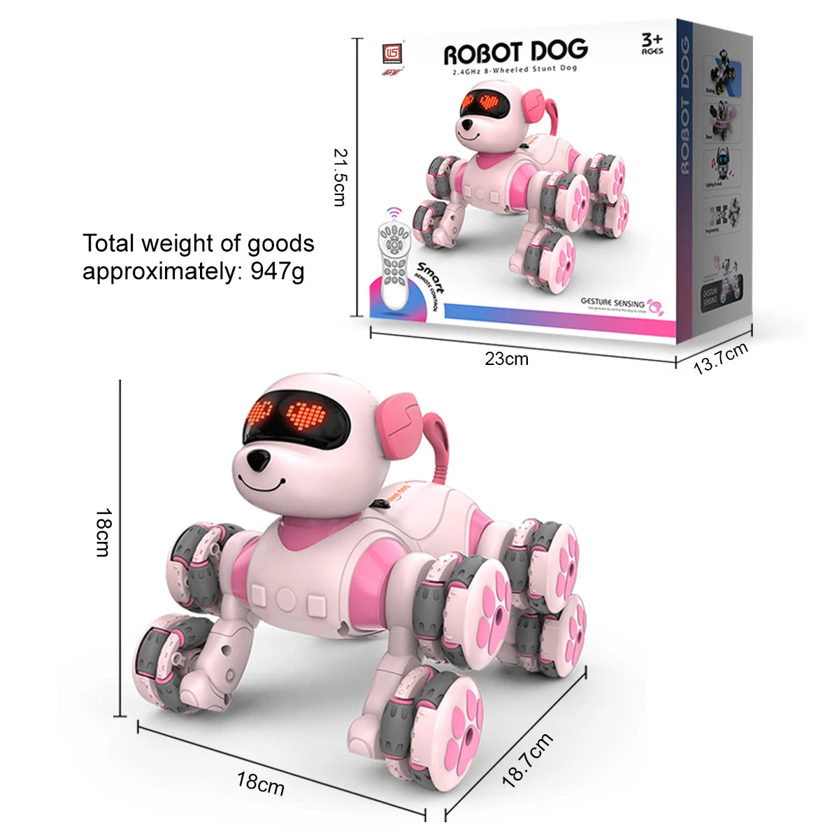 A pink robot dog toy with eight wheels is shown next to its packaging box.
