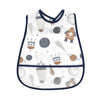 A white baby bib featuring a cartoon pattern of planets and space elements.