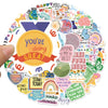 A colorful circle of graffiti stickers featuring positive mental health messages and affirmations