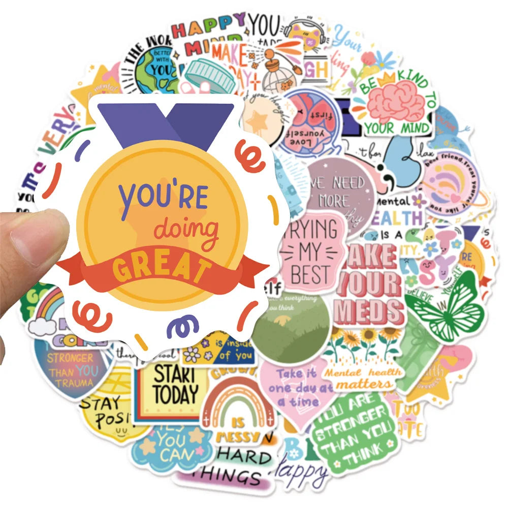 A colorful circle of graffiti stickers featuring positive mental health messages and affirmations