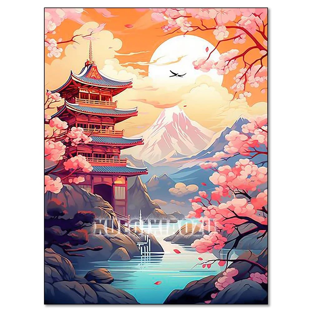 Cherry Blossom Tower Diamond Painting Kit – DIY 5D Wall Art for Adults