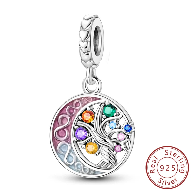 Sterling silver heart charm beads featuring colorful gemstone leaves and vines for bracelets