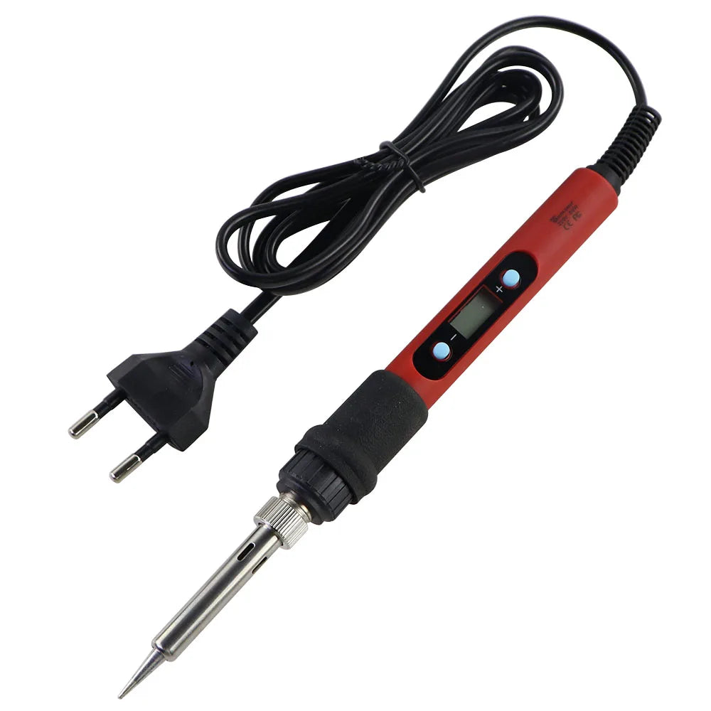 A precision soldering iron with a black cord and red handle featuring a digital display for temperature control.