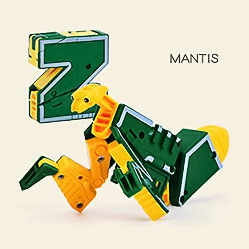 A green and yellow alphabet transformable robot toy figure labeled Mantis.