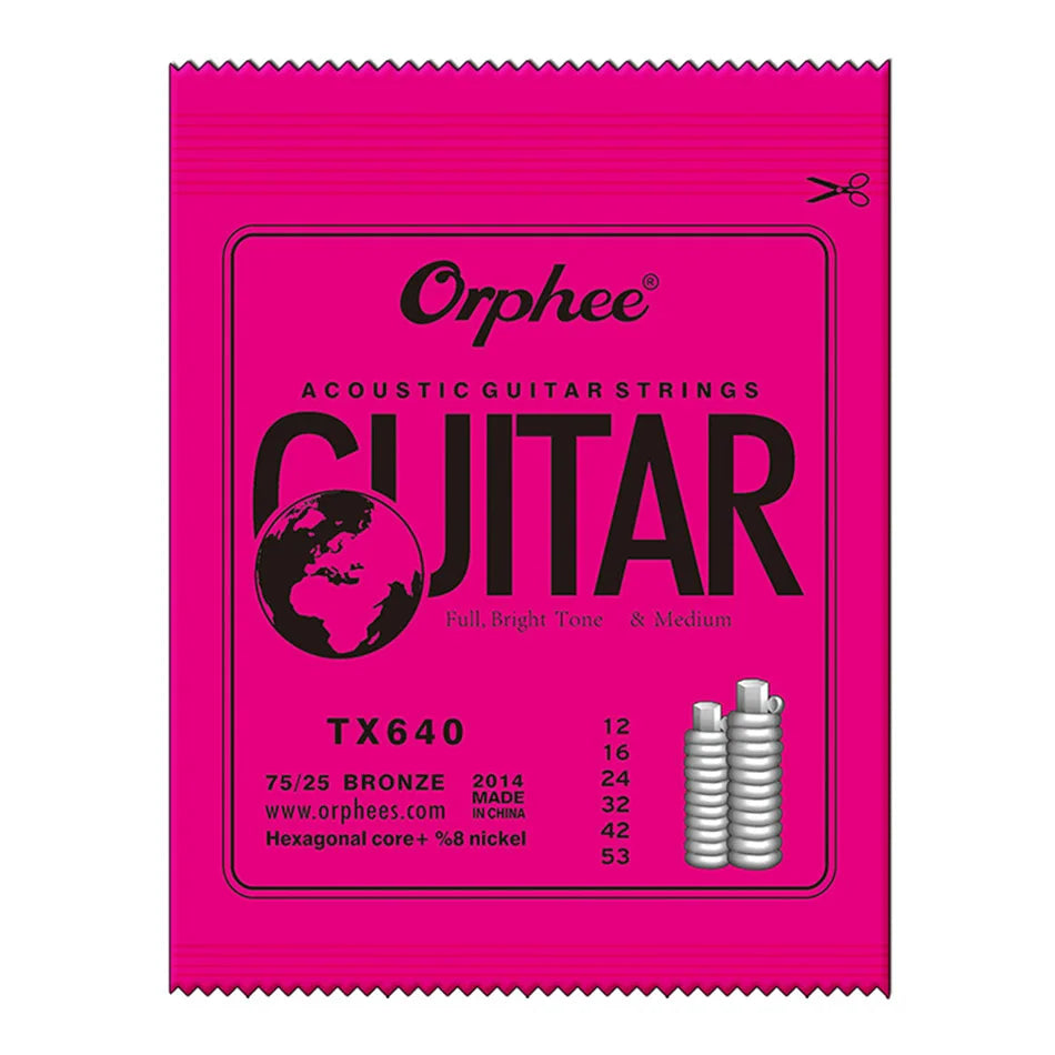 Pink packaging for Orphee Acoustic Guitar Strings TX640 set featuring bronze guitar strings.