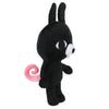 A black plush stuffed animal resembling a bunny with pink curled ears.