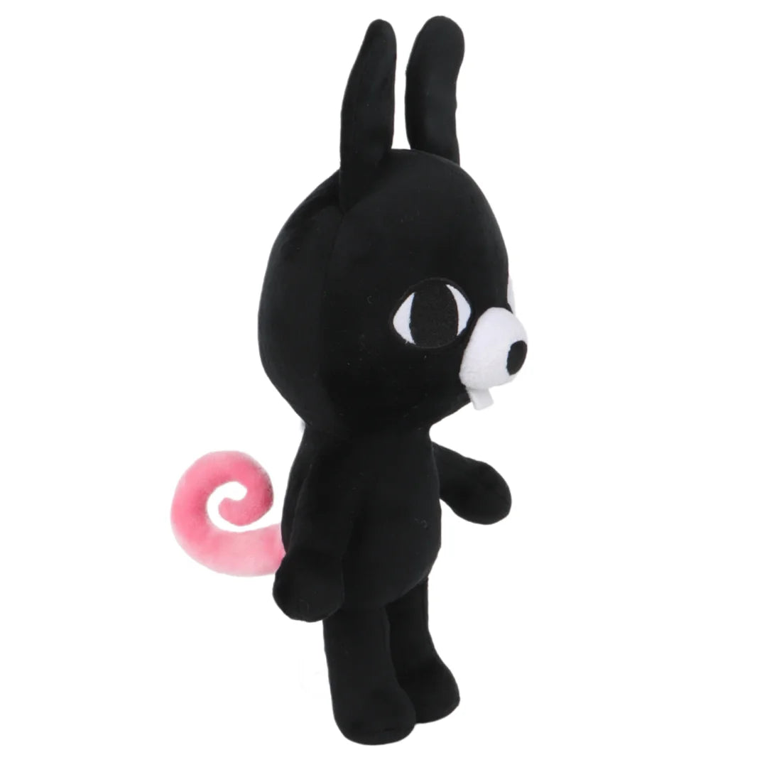 A black plush stuffed animal resembling a bunny with pink curled ears.