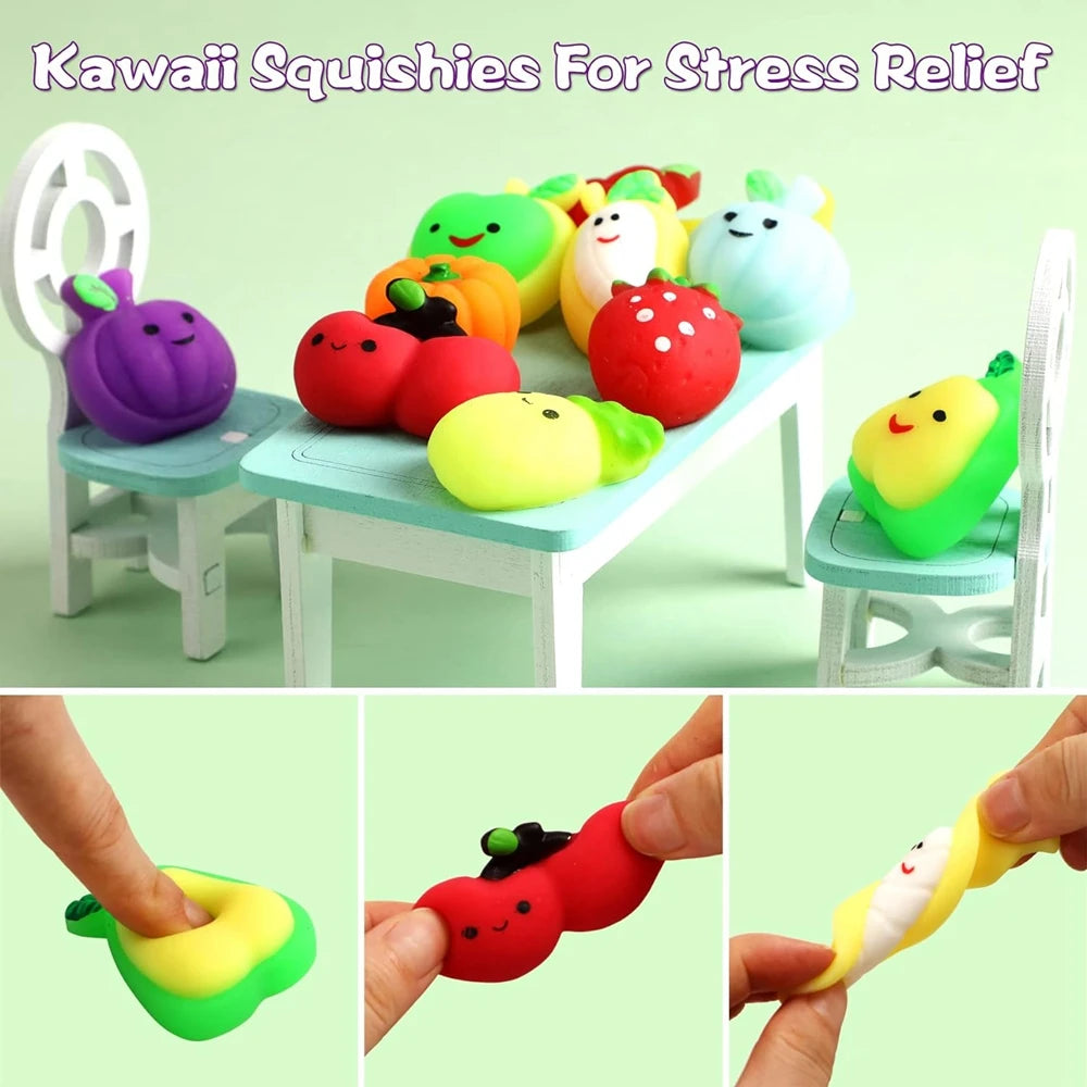 A collection of colorful, squishy fruit and vegetable-shaped mochi toys for stress relief.