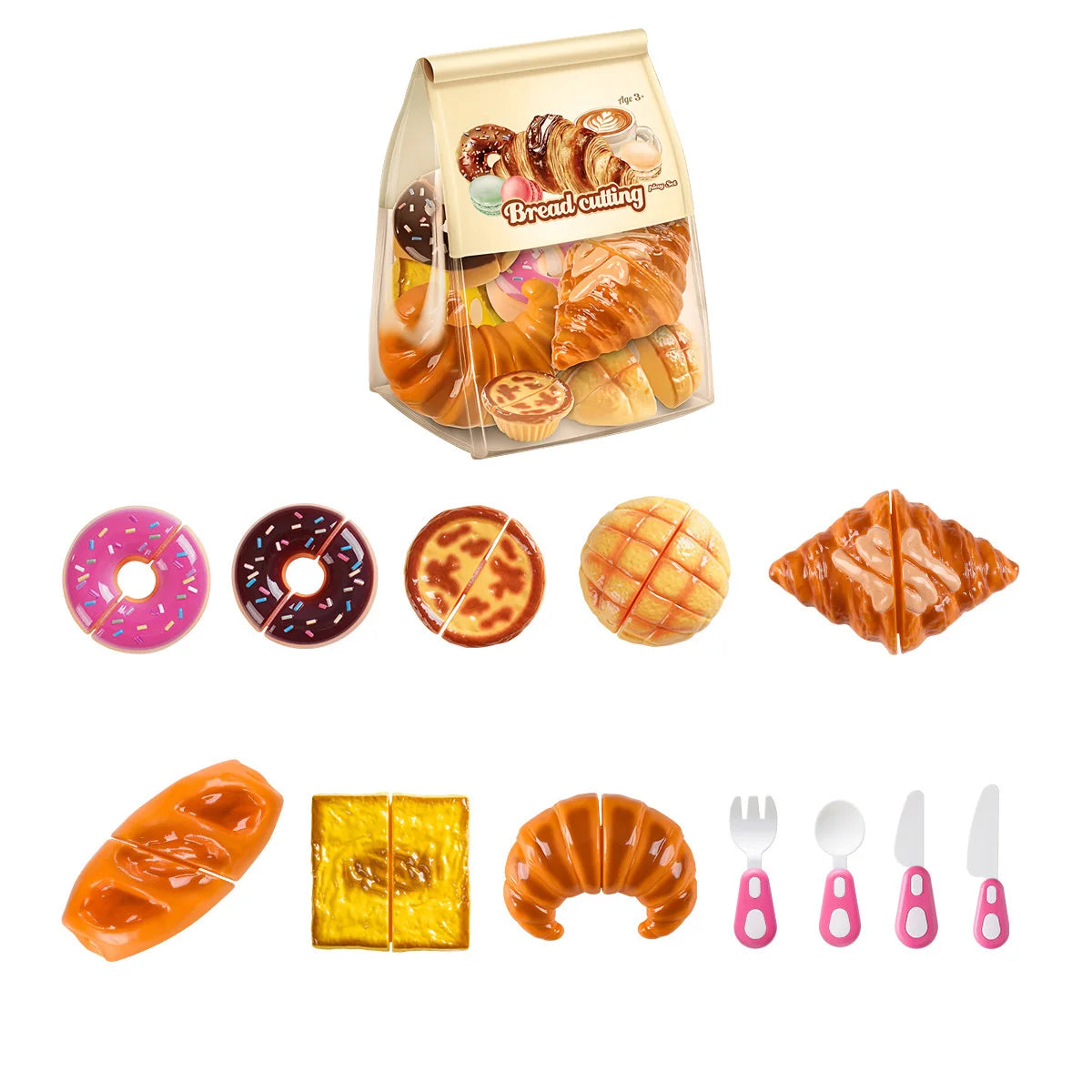 A plastic food cutting set for pretend play featuring various baked goods like croissants and donuts.