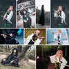 A collection of photos featuring a woman in a black and white traditional Japanese outfit wielding a bamboo katana replica.