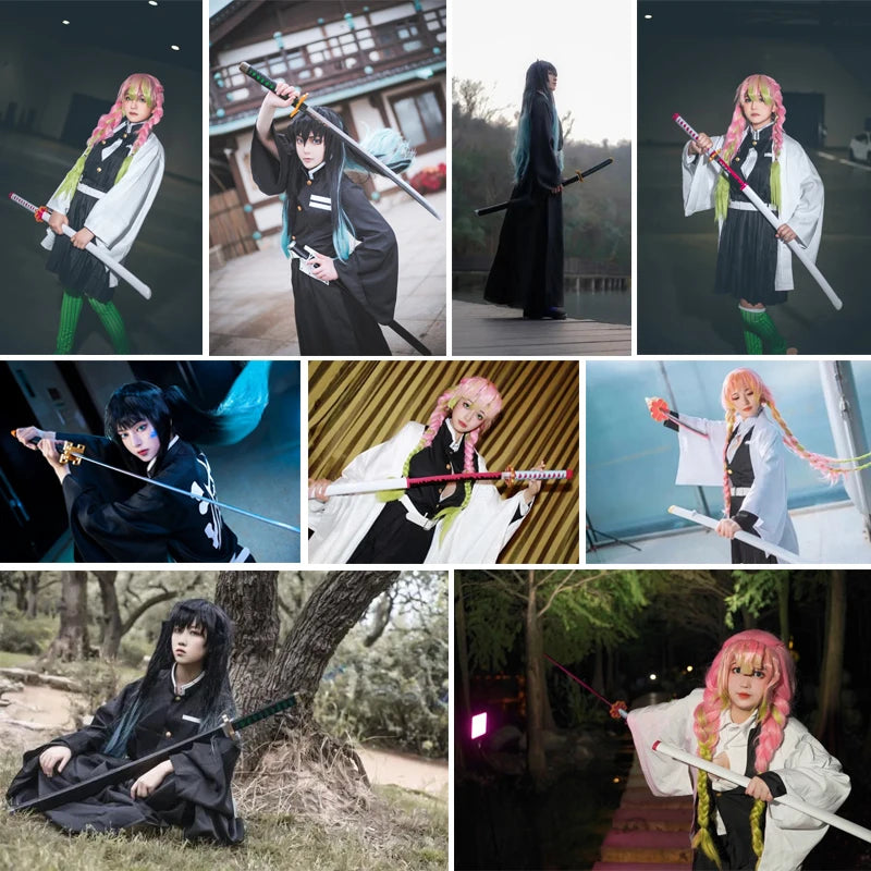 A collection of photos featuring a woman in a black and white traditional Japanese outfit wielding a bamboo katana replica.