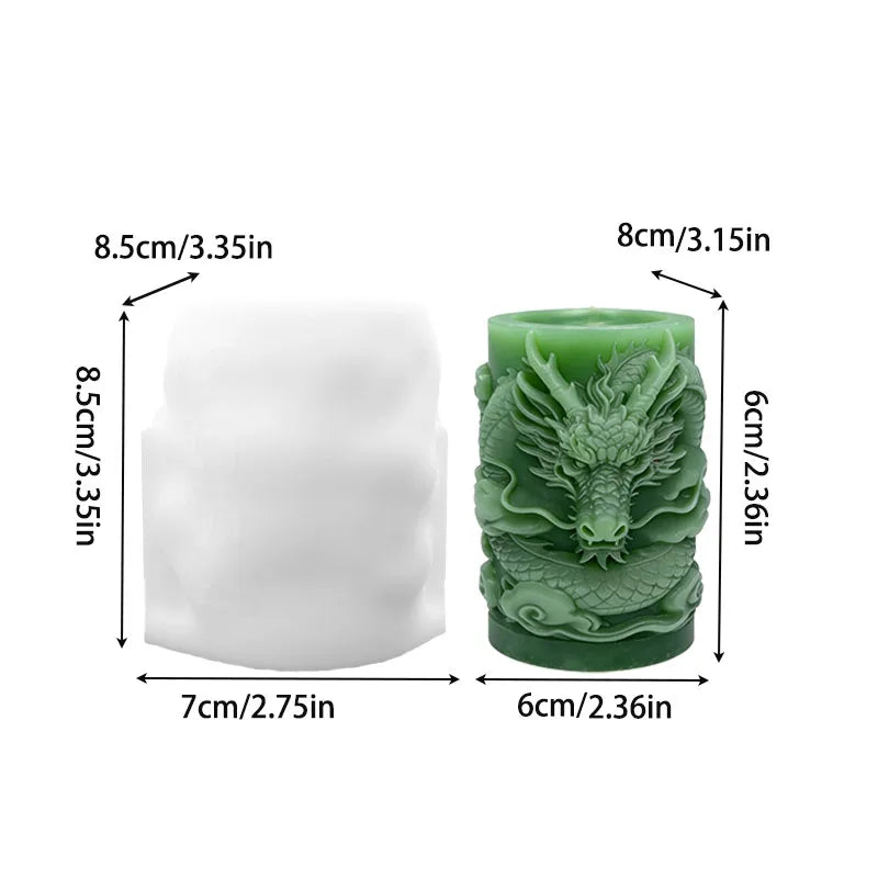 A silicone mold for making candles featuring a dragon design with a cloud pattern in a green color.