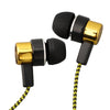 A pair of black in-ear wired earbuds with gold accents and a yellow braided cord.