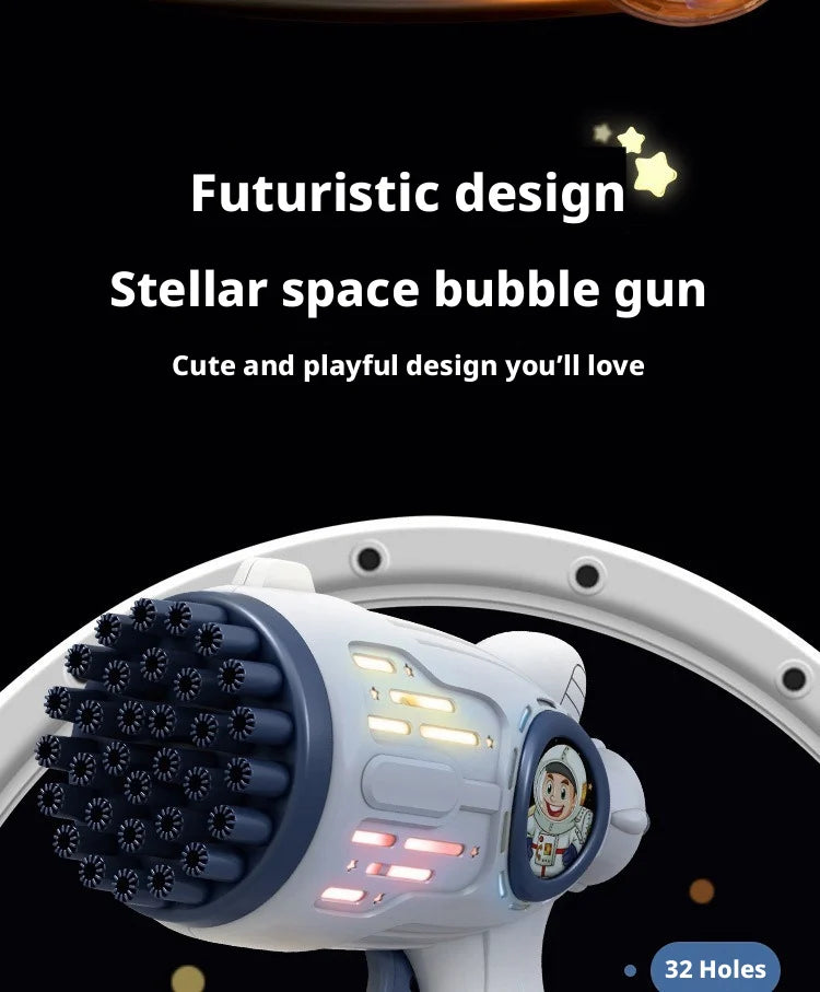 Pistolet à bulles futuriste blanc avec thème astronaute et 32 trous.