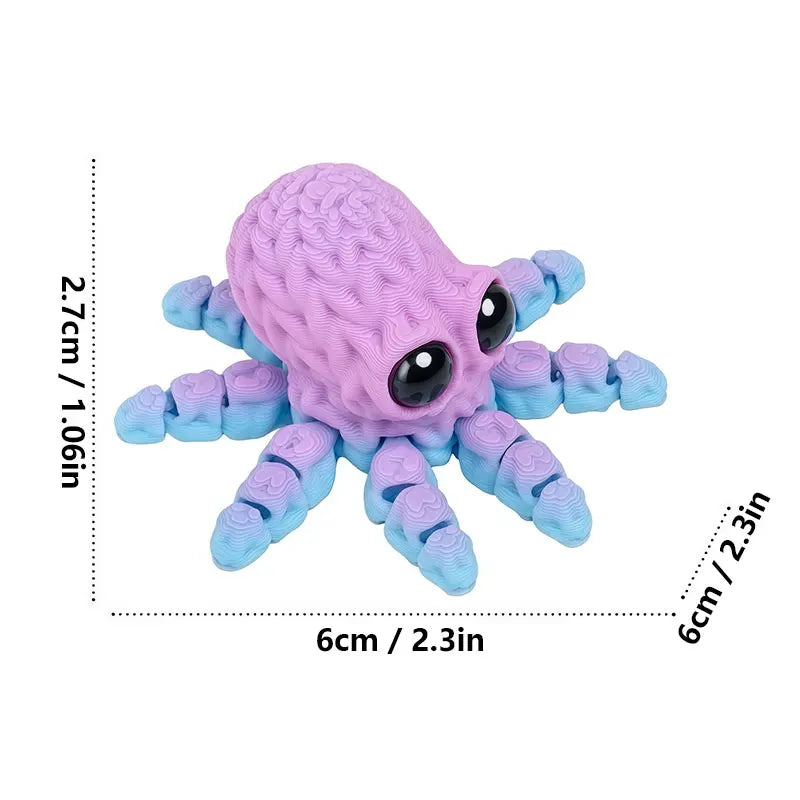 A purple 3D printed articulated octopus fridge magnet with large black eyes.