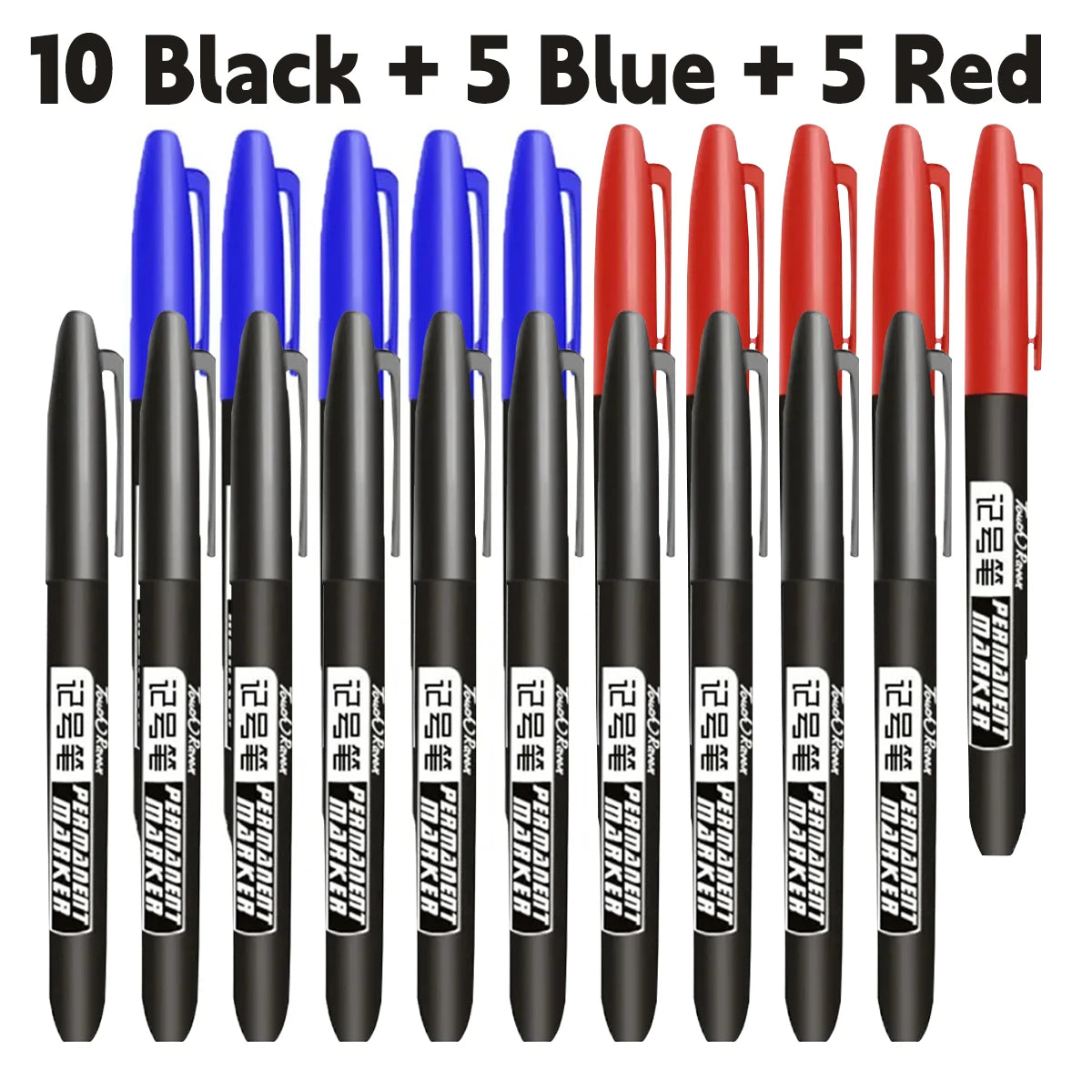 A set of 20 permanent fine-tip markers in black, blue, and red colors displayed side by side.