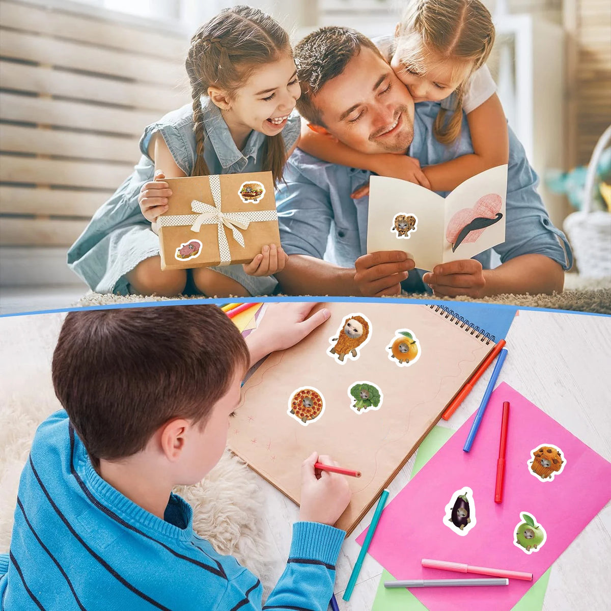 A boy is using a sticker pack featuring funny meme cats and food fruits to decorate a notebook.