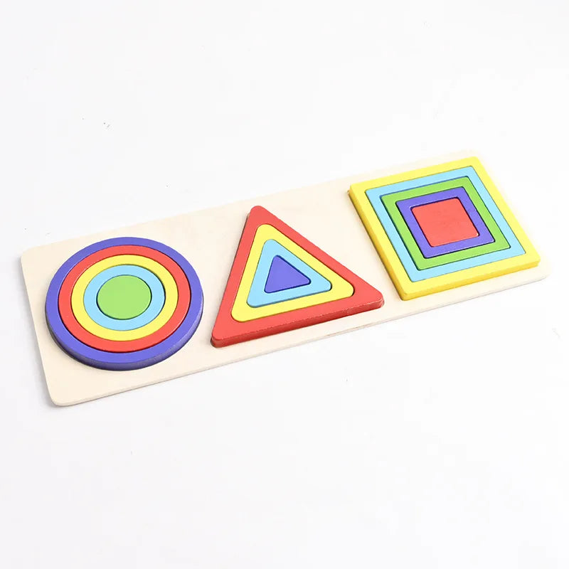 A wooden geometric shape sorter puzzle featuring colored circles and triangles.