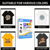 A comparison showing DTF transfer film sheets for printing on black, white, and light color fabric.
