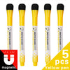 Five yellow magnetic dry-erase whiteboard markers for kids and classroom use