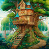 A detailed painting of a whimsical, tree-house style cottage nestled in lush green foliage and surrounded by vibrant trees.