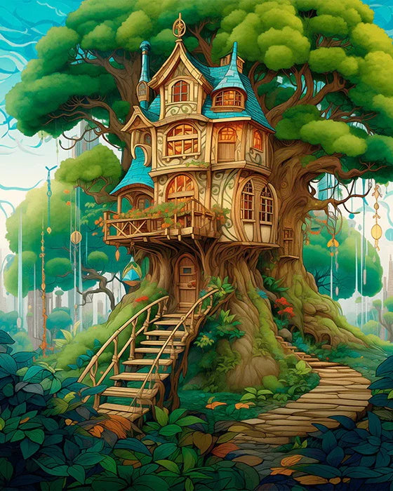 A detailed painting of a whimsical, tree-house style cottage nestled in lush green foliage and surrounded by vibrant trees.