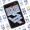 A black tin box of double-six dominoes tiles is shown with several tiles laid out on the surface.