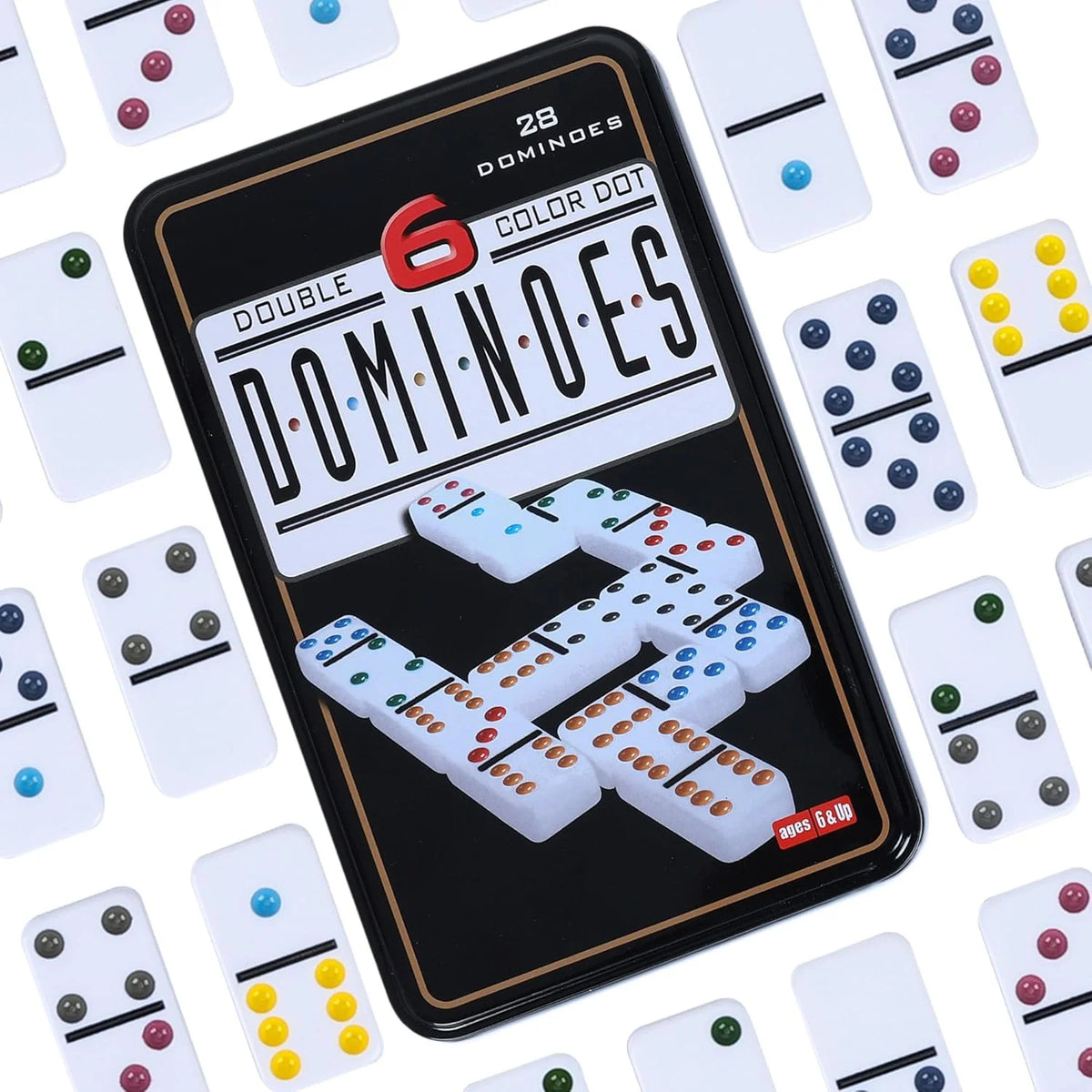 A black tin box of double-six dominoes tiles is shown with several tiles laid out on the surface.