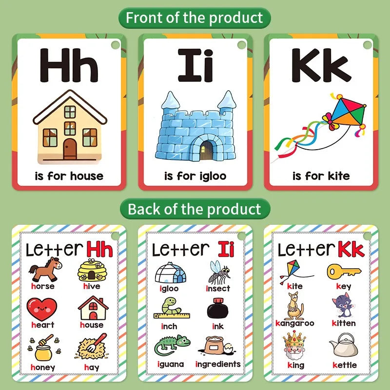 A set of letter cards showing the alphabet from H to K with corresponding pictures for house, igloo, and kite.