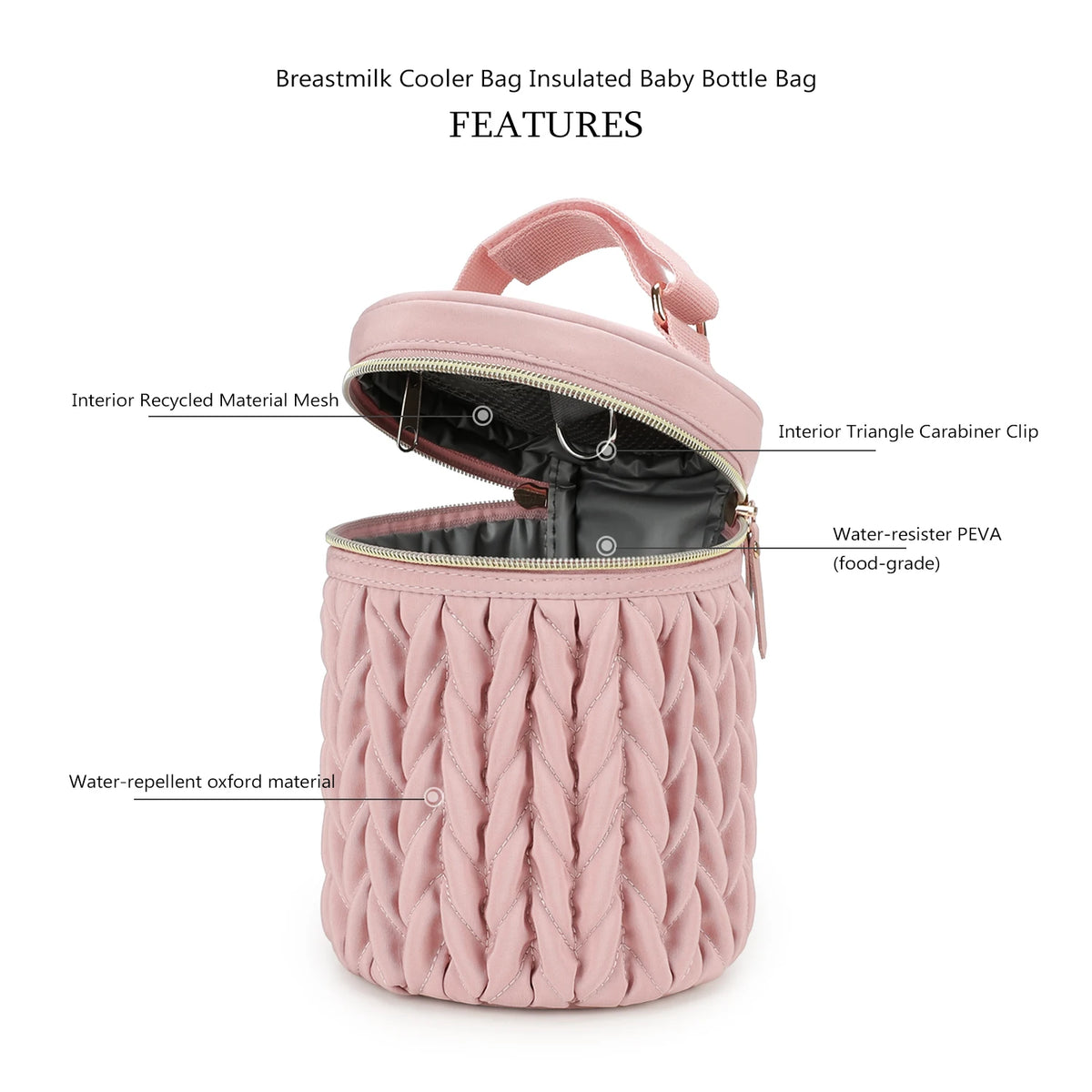 A pink breastmilk cooler bag with a quilted texture and a handle, featuring a mesh interior and a zipper.