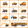 A set of ten die-cast construction trucks and a transporter vehicle in various colors and sizes.