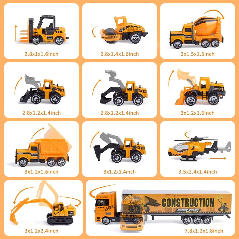 A set of ten die-cast construction trucks and a transporter vehicle in various colors and sizes.