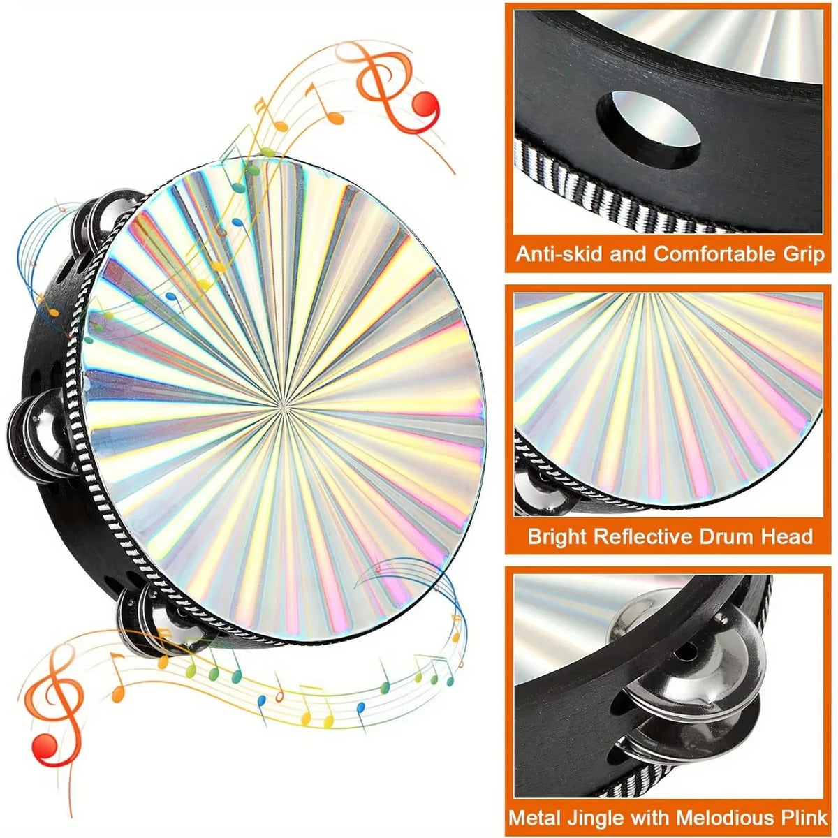 A double row radiant drum head with a silver finish and metal jingles.