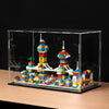 Boîte d'affichage en acrylique transparent contenant une miniature de château LEGO.