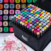 A collection of 120 alcohol markers in a black case showing various colors and tips for art and sketching.