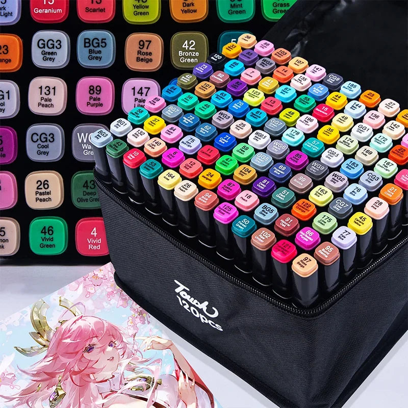 A collection of 120 alcohol markers in a black case showing various colors and tips for art and sketching.