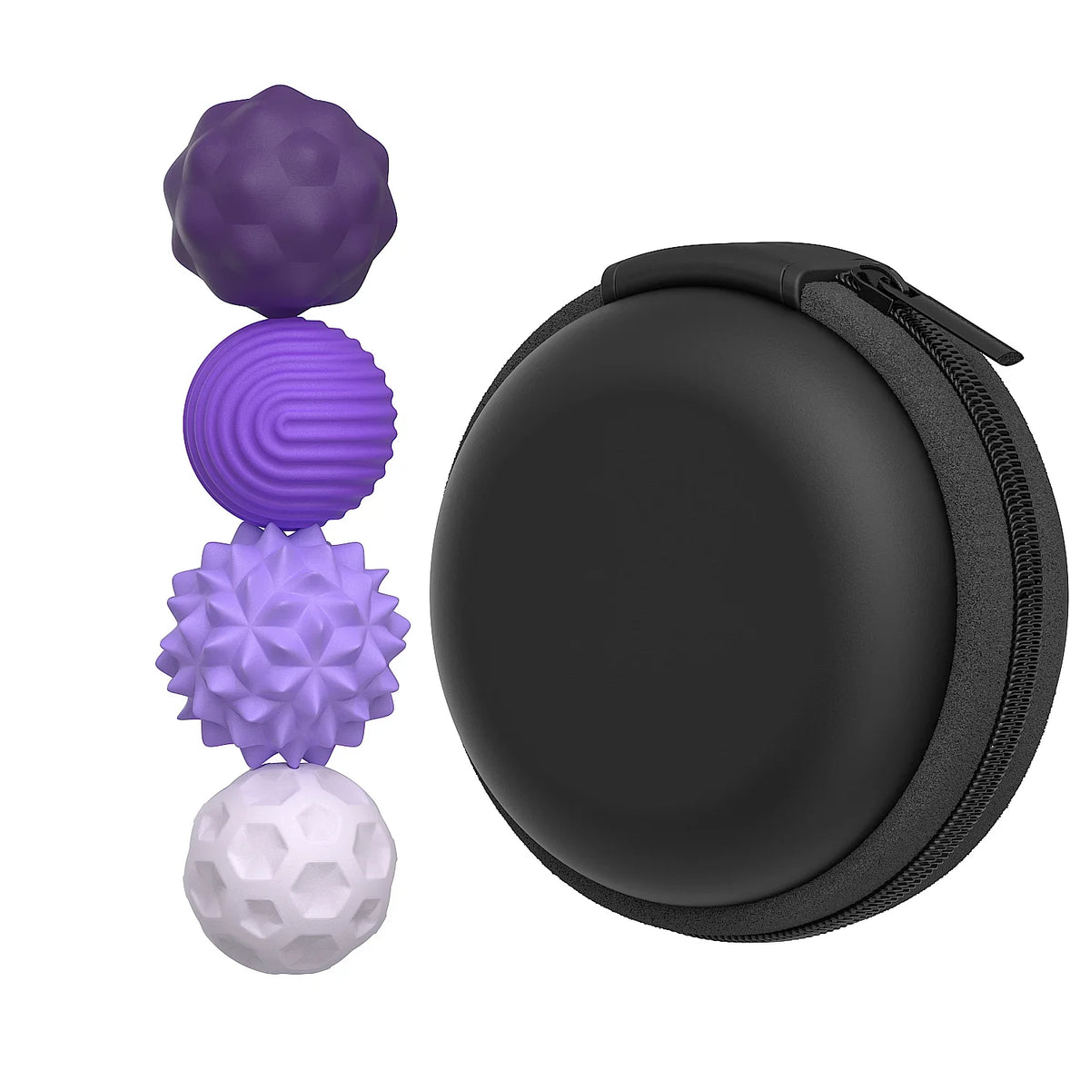 A set of five purple and white soft sensory silicone massage balls with a magnetic core.