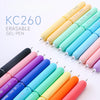 A collection of colorful erasable gel pens with an eggshell design arranged diagonally on a white background.