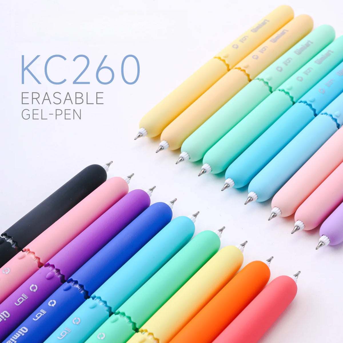A collection of colorful erasable gel pens with an eggshell design arranged diagonally on a white background.