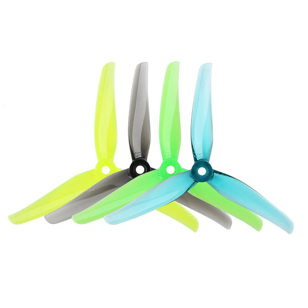 A set of five high-efficiency drone propellers in yellow, gray, and blue colors.
